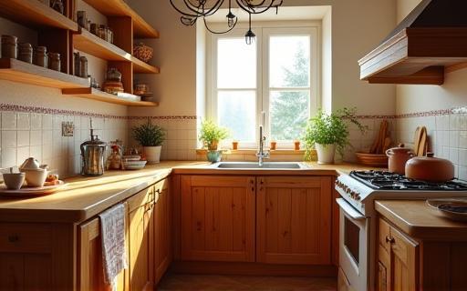 O bucătărie tradițională luminoasă și primitoare, cu ustensile de gătit din lemn și ceramică