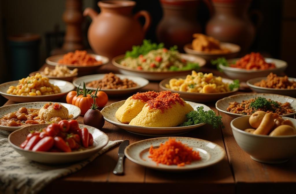 Masă plină cu preparate tradiționale românești delicioase într-un cadru rustic și primitor