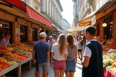 Grup de oameni vizitând o piață locală de produse culinare în Sibiu, admirând standurile cu legume și brânzeturi proaspete