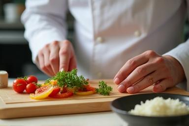 Un chef concentrat lucrând la o rețetă nouă pe o suprafață curată, punând accent pe ingrediente proaspete și de calitate